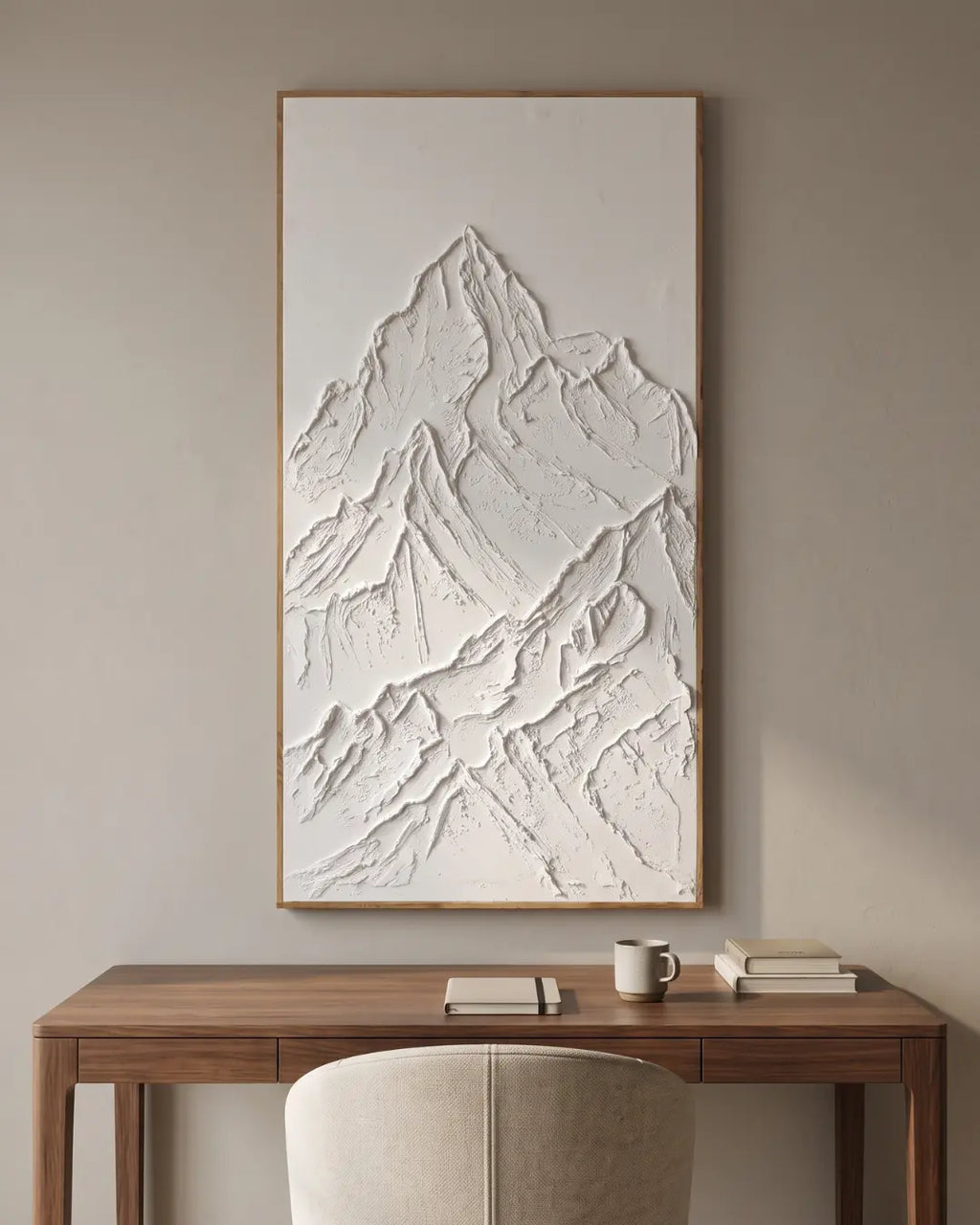 White Peak white mountain textured painting hanging above a console table