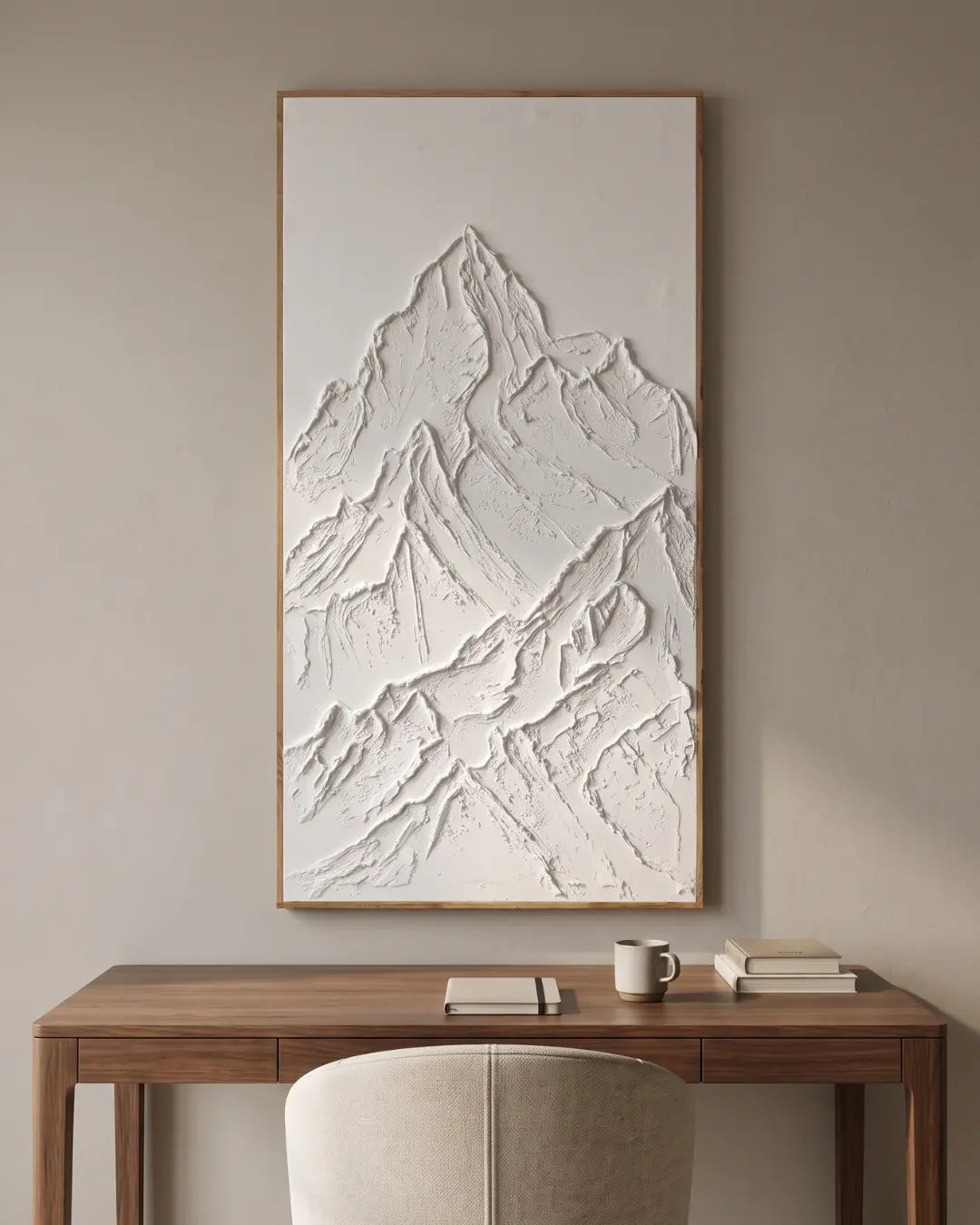 White Peak white mountain textured painting hanging above a console table