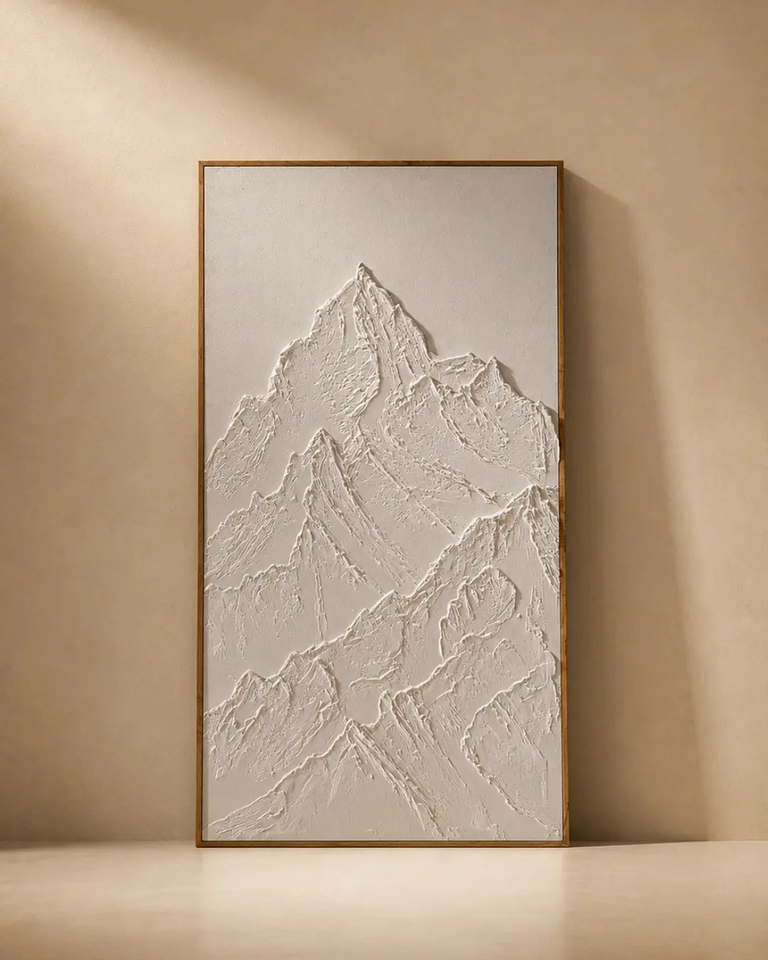 White sculptural mountain textured wall art on plain background, hand-built raised plaster relief, handmade canvas painting